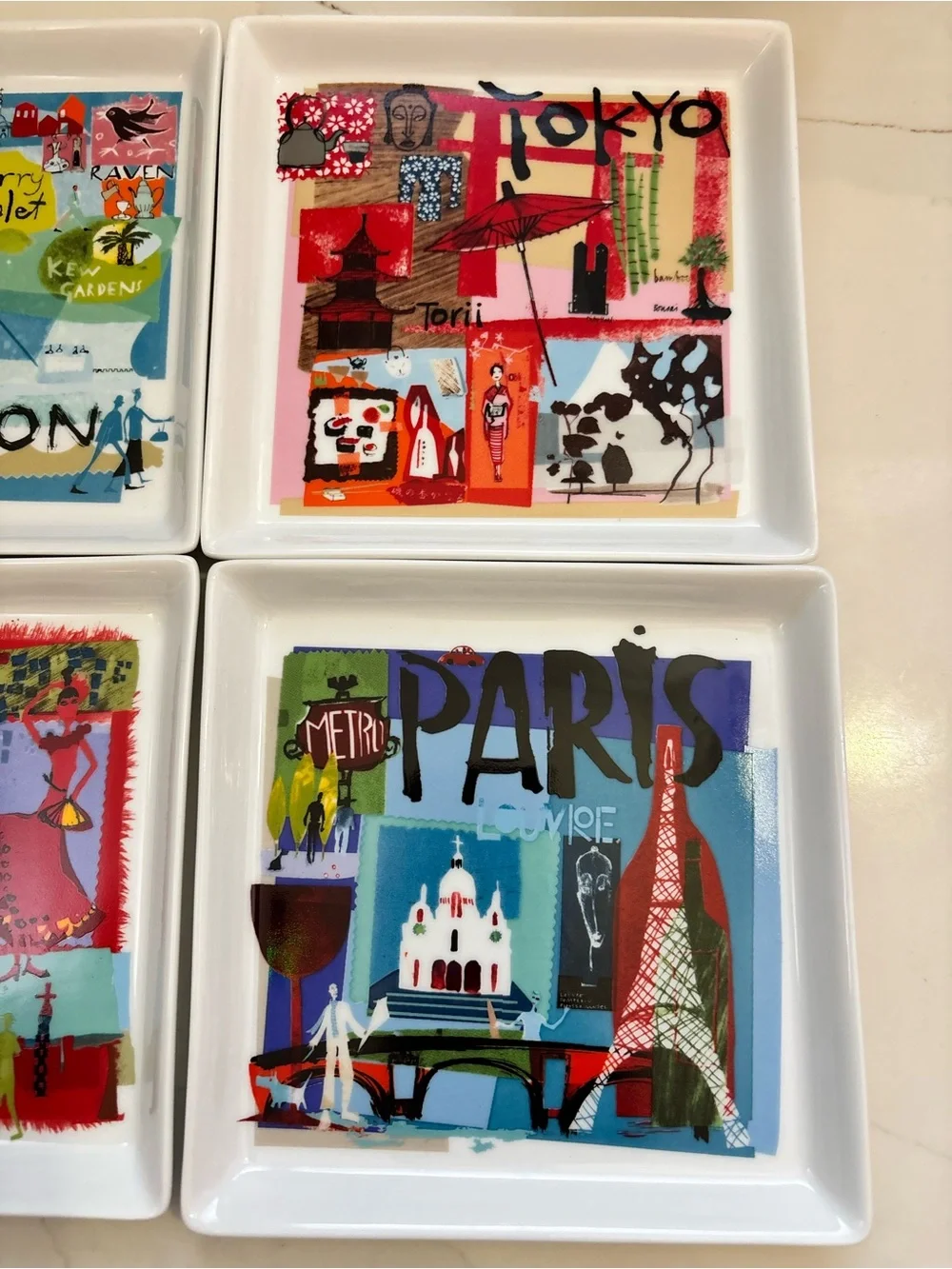 Crate & Barrel Cityscape Square Appetizer Plates Set of 6 City Scenes Ceramic